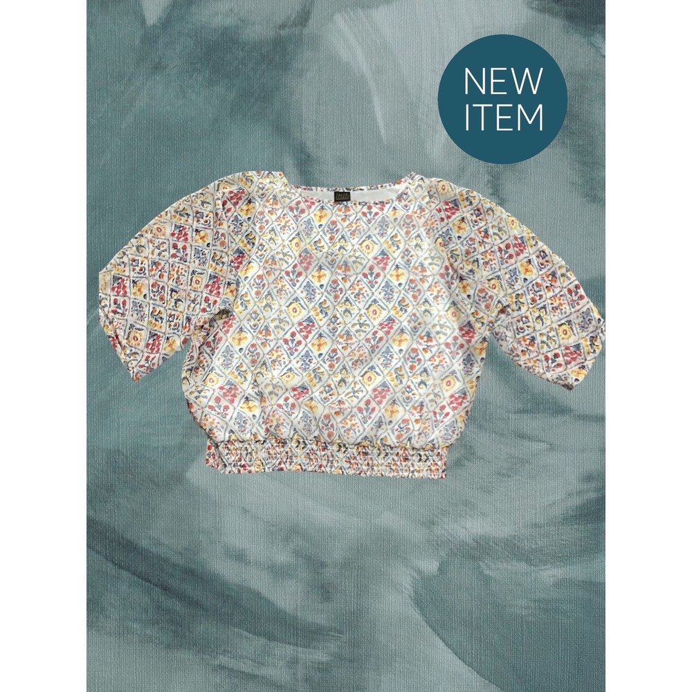 Salon Studio Womens Floral Diamond Smocked Hem Flowy Blouse Multicolor Size M